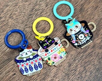 Kitty Cats in Teacups Stitch Markers: Knitting Needle Charms - Set of 3