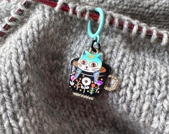 Kitty Cat Teacup Charm Stitch Markers: Knitting Needle Accessories - Set of 3