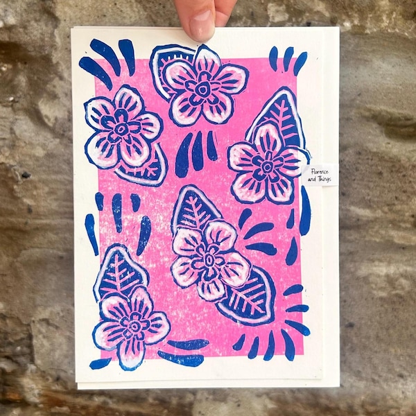 Handprinted floral print greetings card, pink and blue linocut botanical artisan card, blank inside