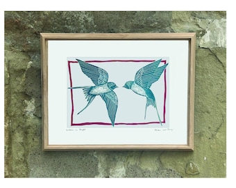 Swallows in Flight - Original Hand Pulled Linocut Print, Two Colour Bird Art Print, Nature Wall Art