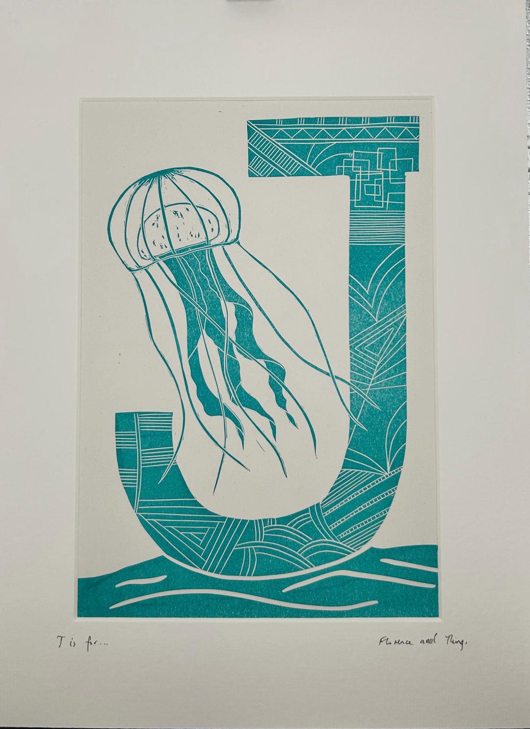 Alphabet Linocut Print - Letter J is for Jellyfish - Kids Nursery Wall ...