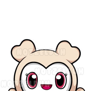 May include: A cartoon illustration of a white animal with large, black eyes and a pink mouth. The animal is wearing a light brown, furry costume with large, rounded ears. The animal is smiling and looking directly at the viewer.