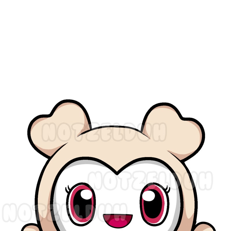 May include: A cartoon illustration of a white animal with large, black eyes and a pink mouth. The animal is wearing a light brown, furry costume with large, rounded ears. The animal is smiling and looking directly at the viewer.