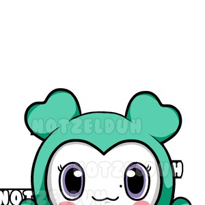 May include: A cartoon character with large, round eyes and a green, heart-shaped head. The character is wearing a green and white outfit with a pink blush on its cheeks.