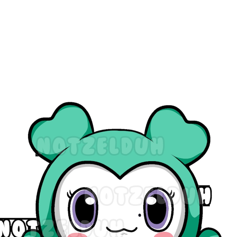 May include: A cartoon character with large, round eyes and a green, heart-shaped head. The character is wearing a green and white outfit with a pink blush on its cheeks.