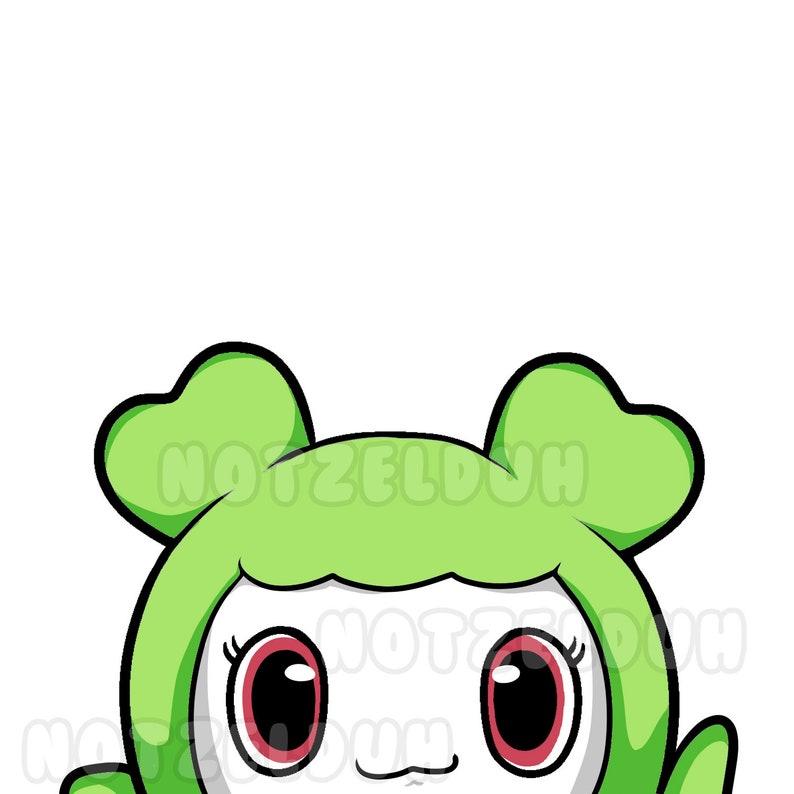May include: A cartoon character with green hair and ears, large black eyes with red pupils, and a white face. The character is peeking out from the top of the image.
