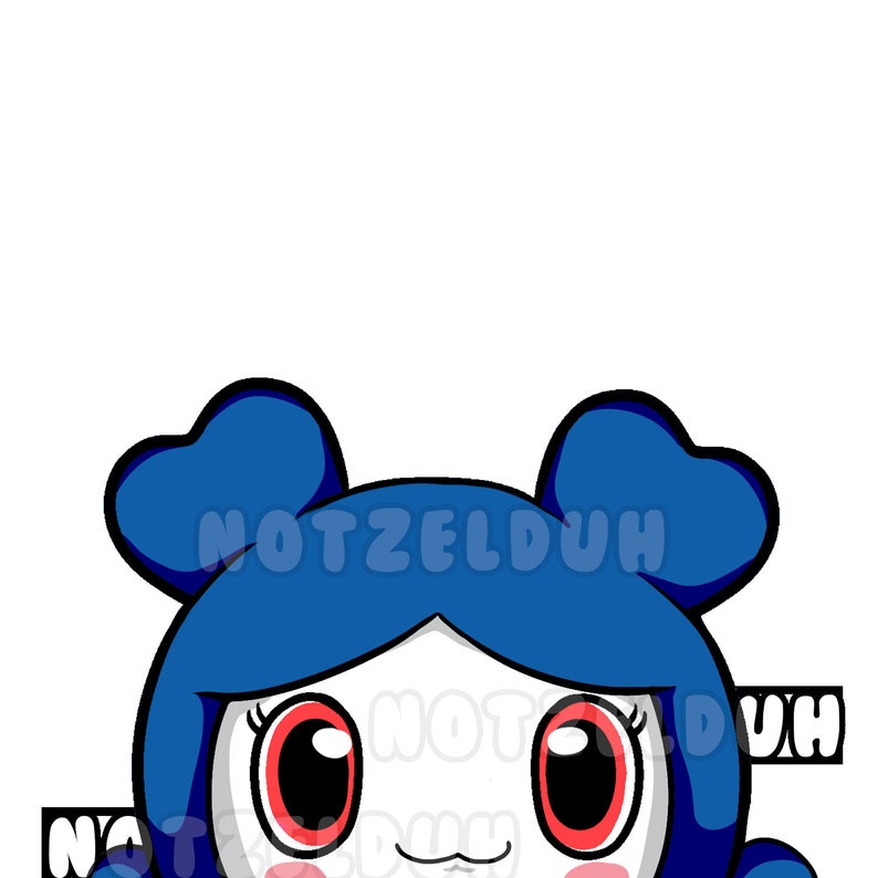 May include: A cartoon character with blue hair and large red eyes peeks out from behind a blue background. The character has a white face and a small, pink mouth. The text "NOT ZELDUH" is visible in the background.