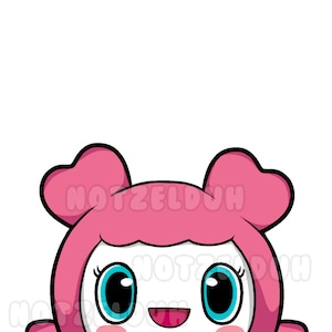 May include: A cartoon illustration of a pink character with large blue eyes and a big smile. The character has two pink heart-shaped antennas on top of its head. The character is peeking out from the top of the image.