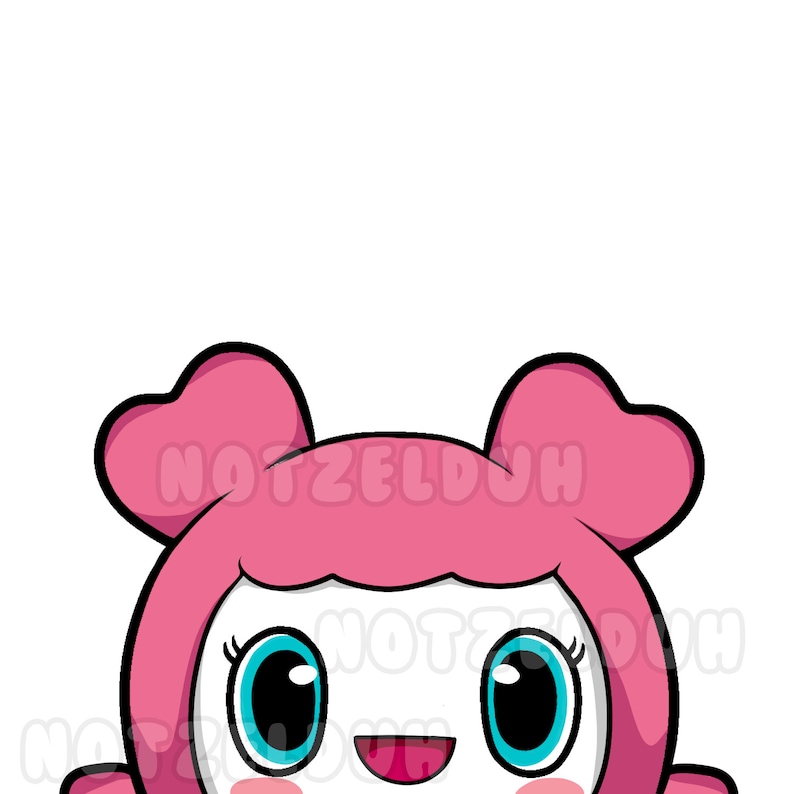 May include: A cartoon illustration of a pink character with large blue eyes and a big smile. The character has two pink heart-shaped antennas on top of its head. The character is peeking out from the top of the image.