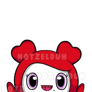May include: A cartoon character with red hair and a white face peeks out from behind a white background. The character has large, round eyes with purple irises and a wide, happy smile.