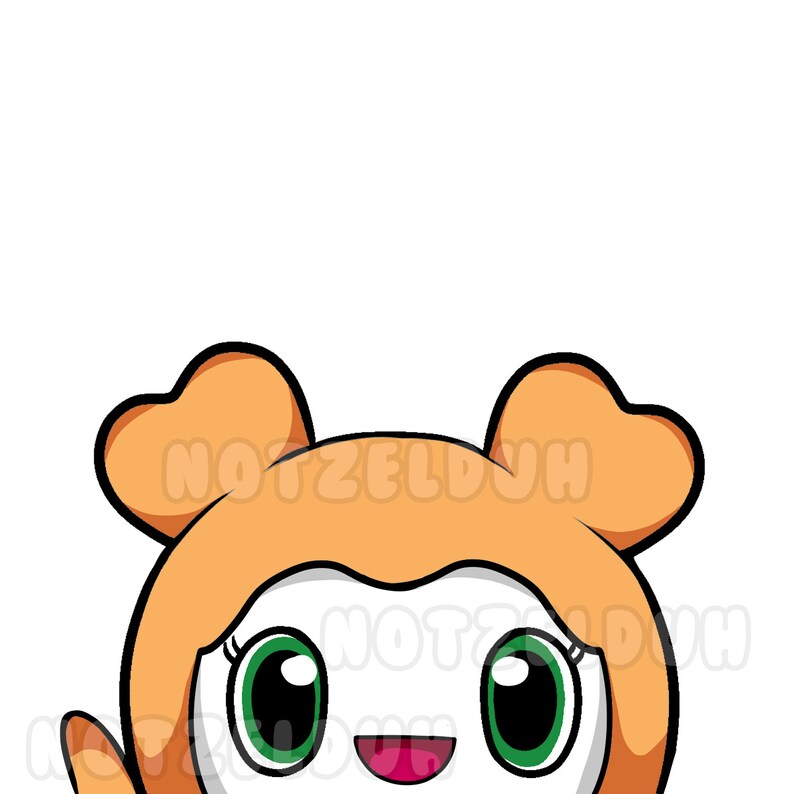 May include: A cartoon character with large green eyes and a pink mouth, peeking over the top of the image. The character is wearing a light orange hooded outfit with two large orange ears.