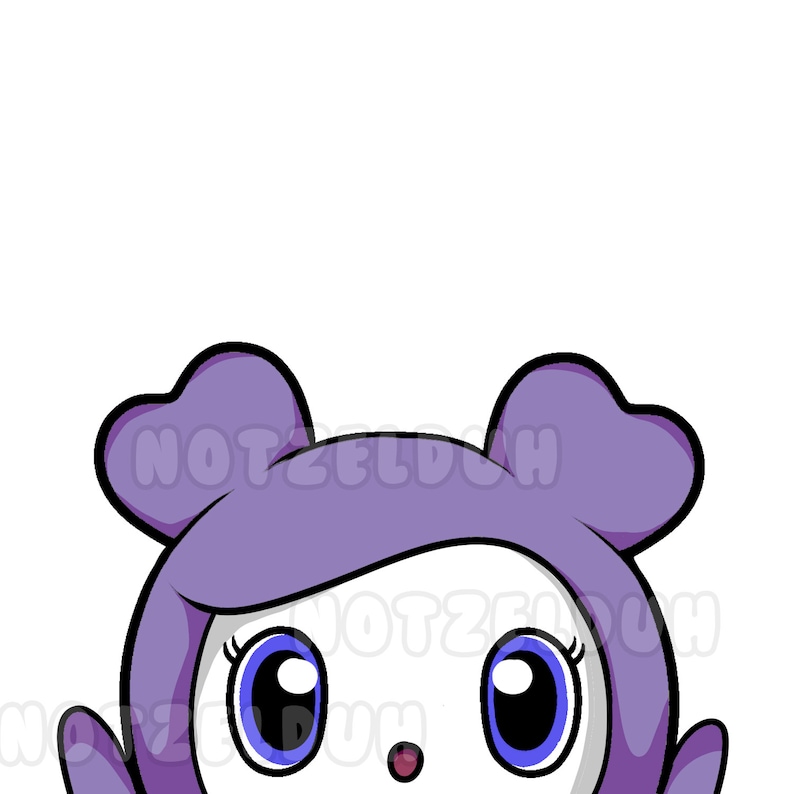 May include: A cartoon character with large blue eyes and a surprised expression. The character is wearing a purple hooded outfit with heart-shaped ears.
