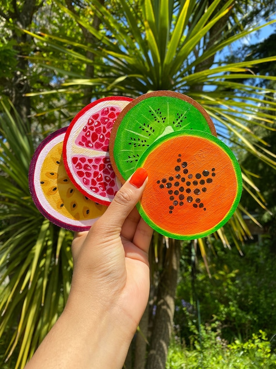 Tropical fruits hand-painted wooden coasters set of 4