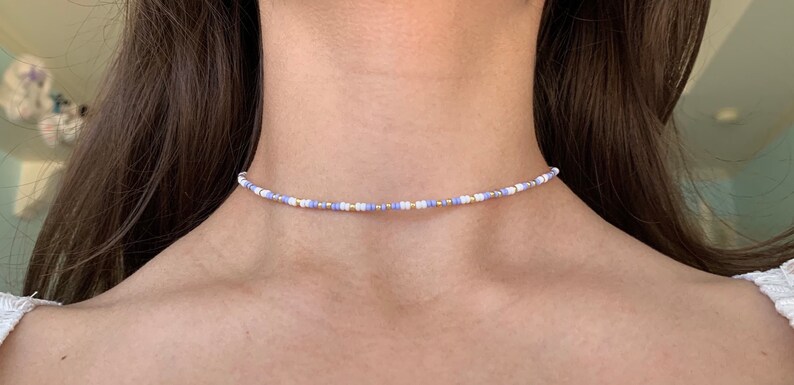 Lavender White and Gold Beaded Choker Necklace