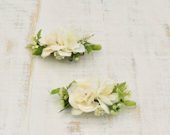 Pair Small 2” Girls White Hair Bow Clips Christening Flower Girls Pearl Bead