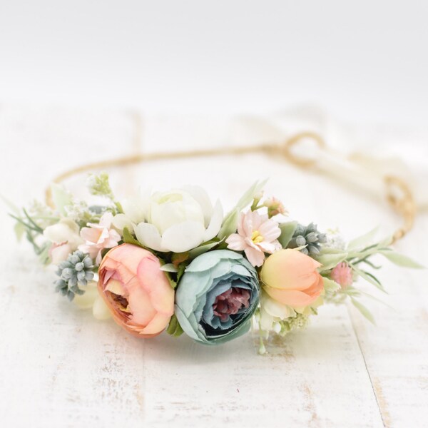 Peach & Mint Flower Crown - Pink and Teal Floral Crown - Birthday Girl Flower Crown - M2M Love and Grow Sea Princess