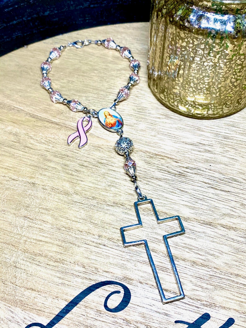 Auto Rosary Breast Cancer Charm October Birthstone Rearview Etsy