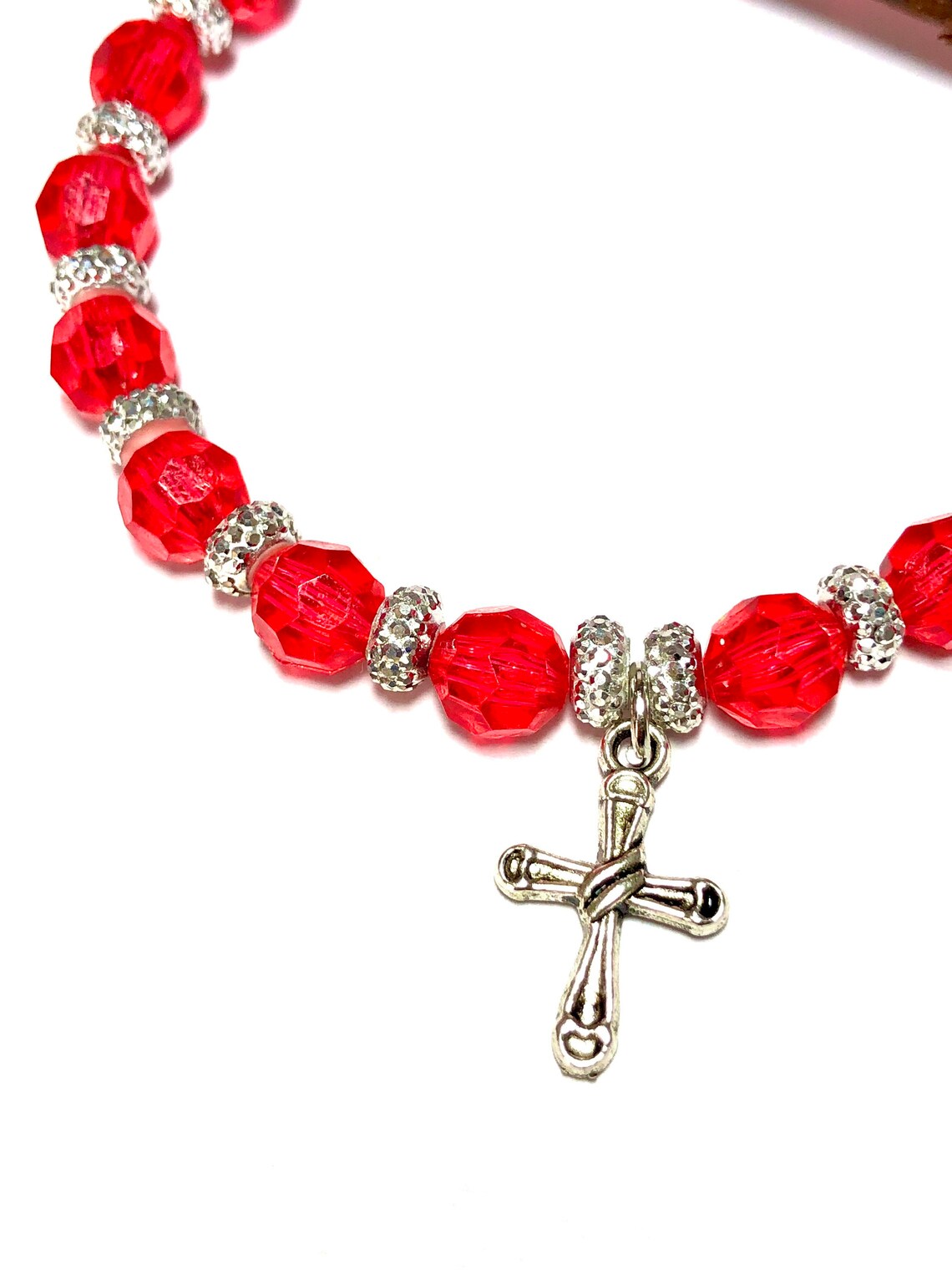 Red Charm Bracelet Cross Bracelet Religious Gifts Etsy