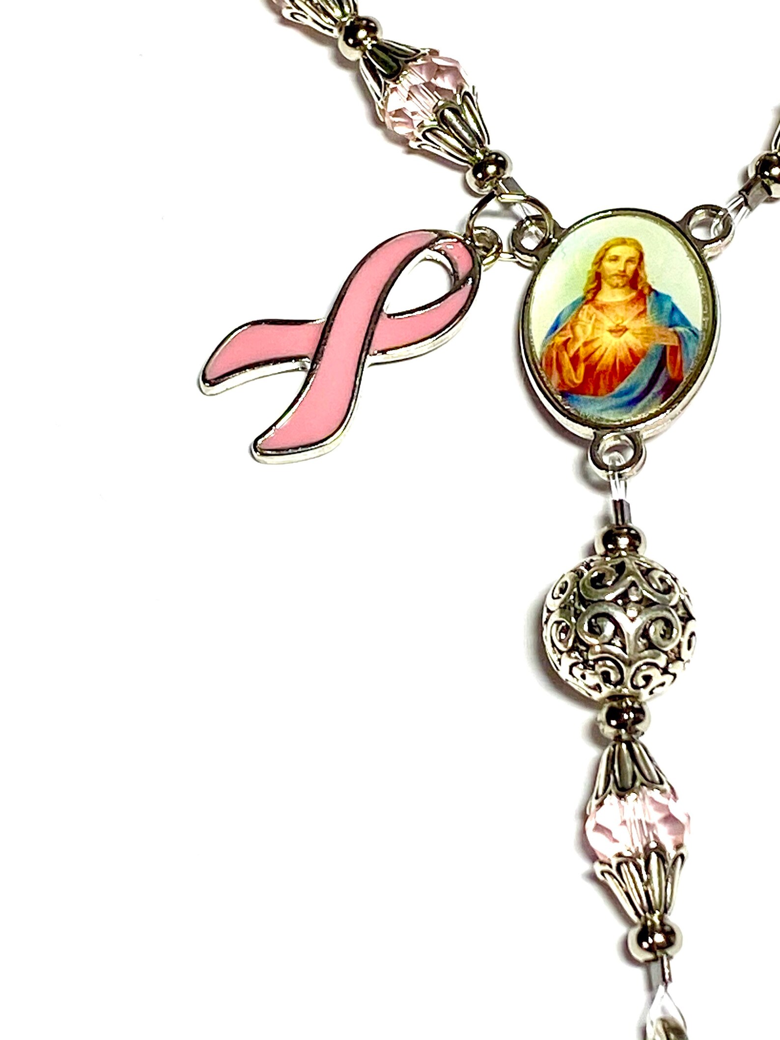 Auto Rosary Breast Cancer Charm October Birthstone Rearview Etsy