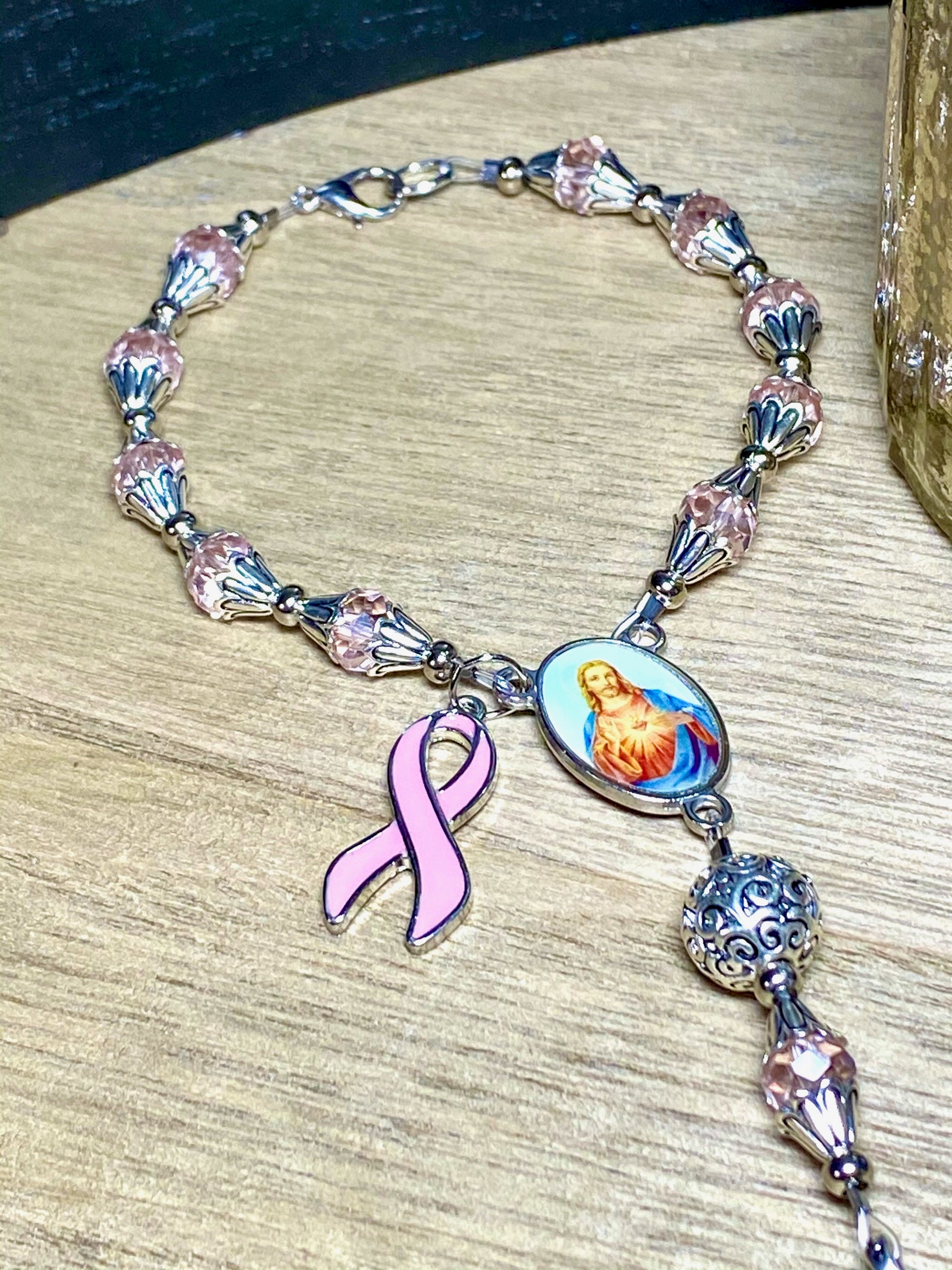 Auto Rosary Breast Cancer Charm October Birthstone Rearview Etsy
