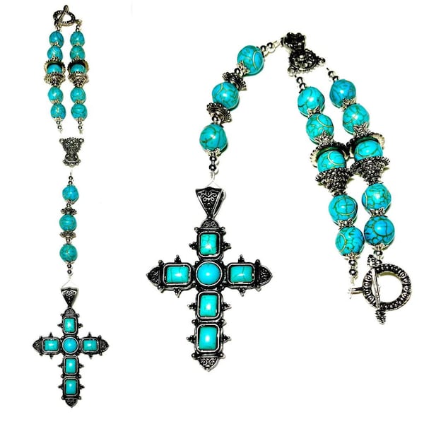 Auto Rosary, Car Accessory, Turquoise’s Stones, Blue, Silver, Gifts, Auto Rosary, Birthday Gifts, Free Shipping, Holidays Gifts.