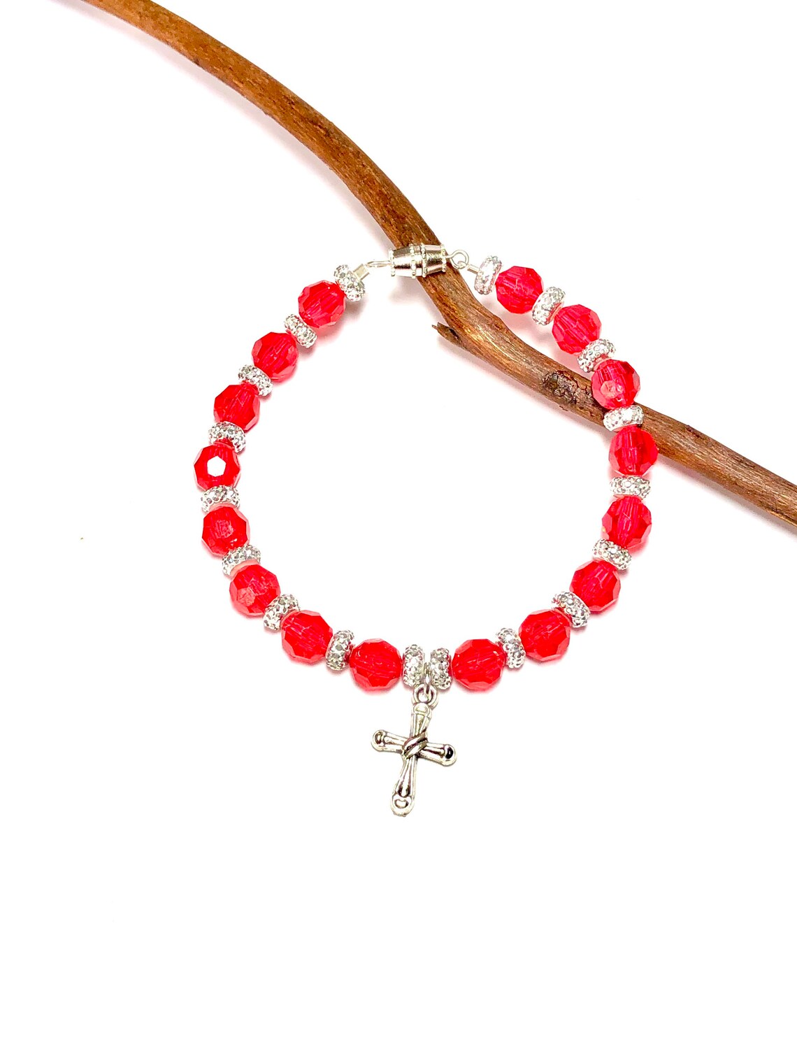 Red Charm Bracelet Cross Bracelet Religious Gifts Etsy