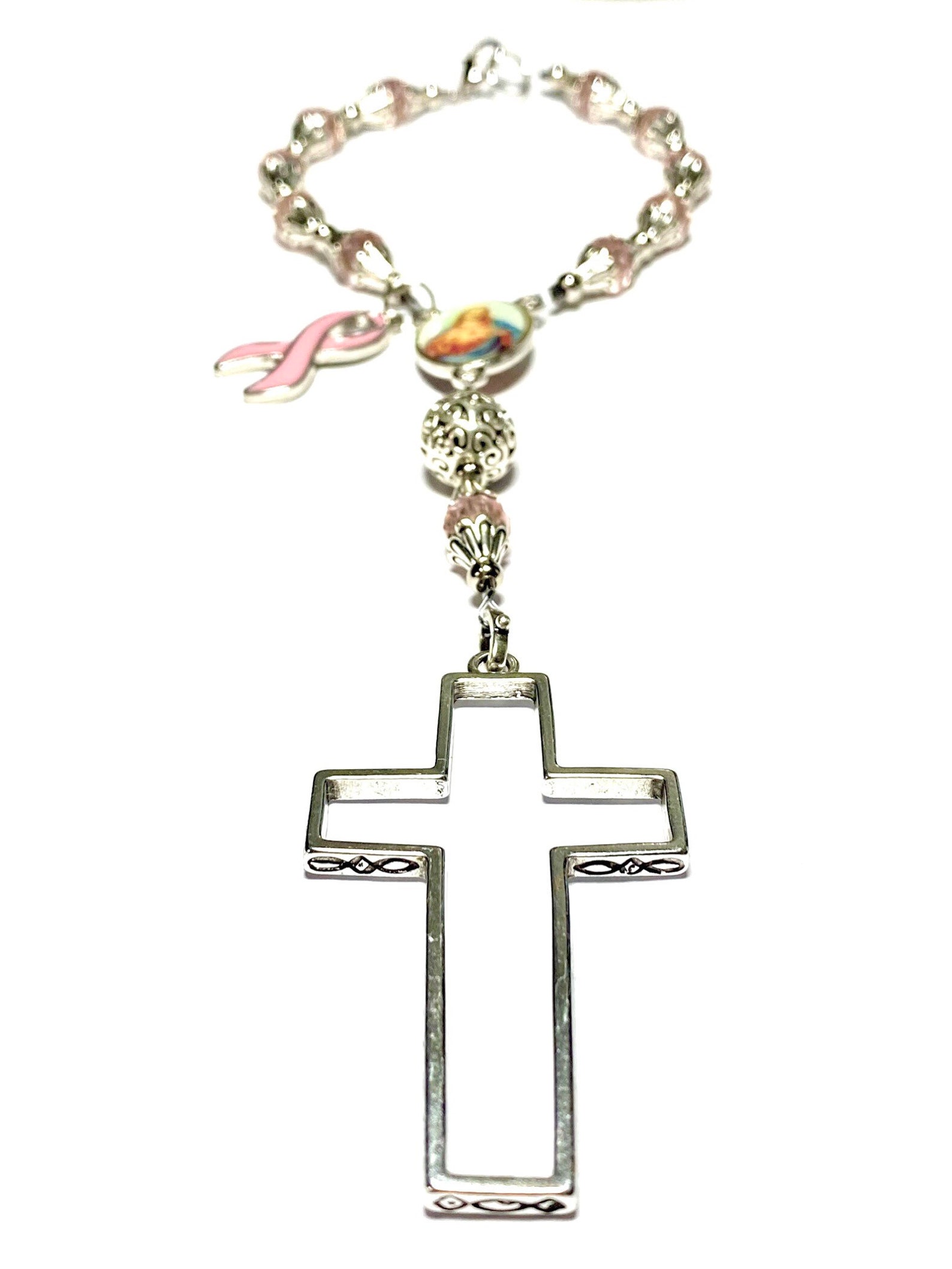 Auto Rosary Breast Cancer Charm October Birthstone Rearview Etsy