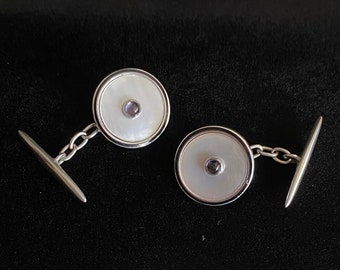 Vintage Mother of Pearl Gemstone & Silver Round Chain Cufflinks