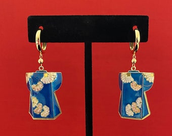 Beautiful Vintage Blue Enamel Kimonos & Gold Vermeil Sterling Silver Earrings
