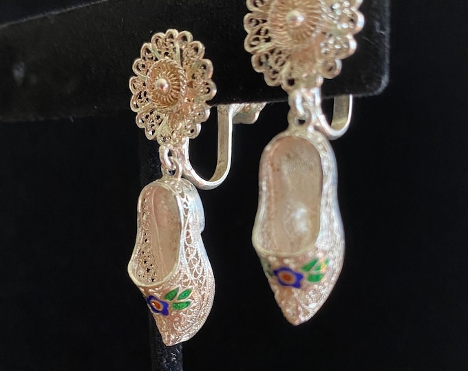 Unique Vintage Filigree & Enamel Clog Dangle Earrings