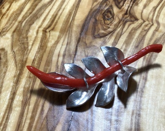 Sterling Silver and Red Coral Leaf-Twig Brooch