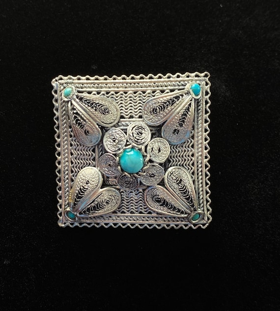 Sweet Vintage Turquoise and Spun Silver Square Bro