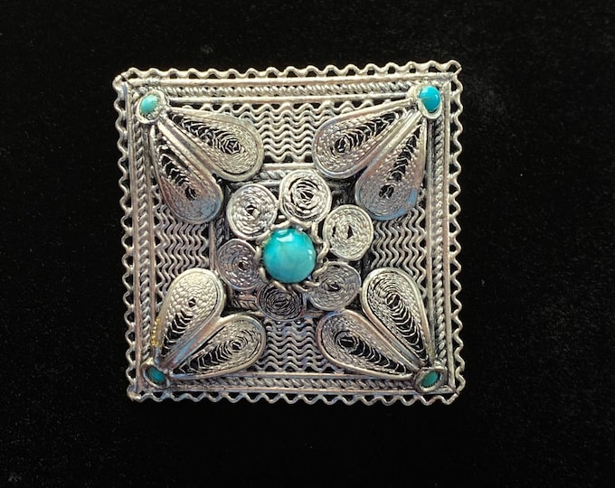 Sweet Vintage Turquoise and Spun Silver Square Brooch