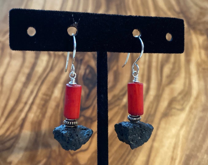 Calming Lava Rock & Vintage Red Coral Sterling Silver Earrings