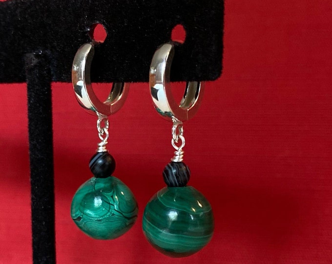 Vintage Malachite Sterling Silver Locking Hoop Dangle & Drop Earrings