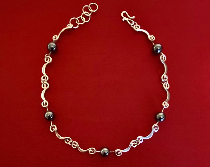 Lovely Versatile Hematite & Sterling Silver Bar And Ball Chain Necklace