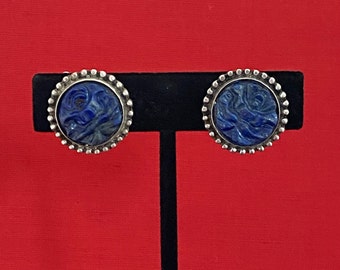 Carved Lapis & Sterling Silver Chinese Export Clip Earrings