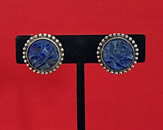 Carved Lapis & Sterling Silver Chinese Export Clip Earrings