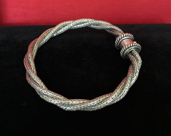 Striking Triple Chain Twisted Wheat Sterling Silver Locking Pin Bracelet