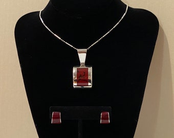 Dramatic Red Enamel and Sterling Necklace & Earring Set