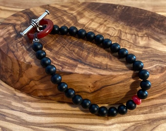 Wear Anywhere Black Onyx & Red Coral Beaded Hemp Toggle Bracelet