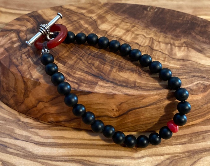 Wear Anywhere Black Onyx & Red Coral Beaded Hemp Toggle Bracelet