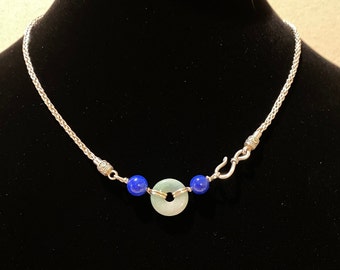 Fabulous Braided Sterling Silver Lapis & Jade Necklace