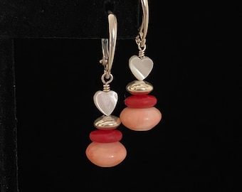Too Sweet Mother Of Pearl Hearts With Pink & Red Coral Sterling Silver Dangle Earrings