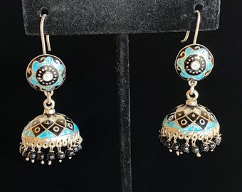 Vintage Jhumkas Enamel Chandelier Sterling Silver Earrings