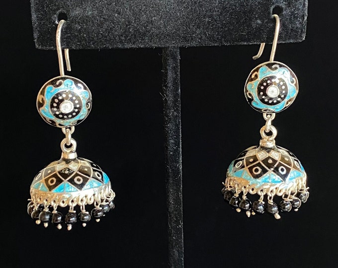 Vintage Jhumkas Enamel Chandelier Sterling Silver Earrings