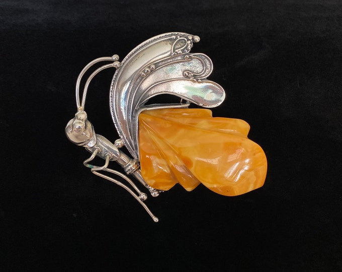 Beautifully Bold Butter Amber Sterling Butterfly Brooch