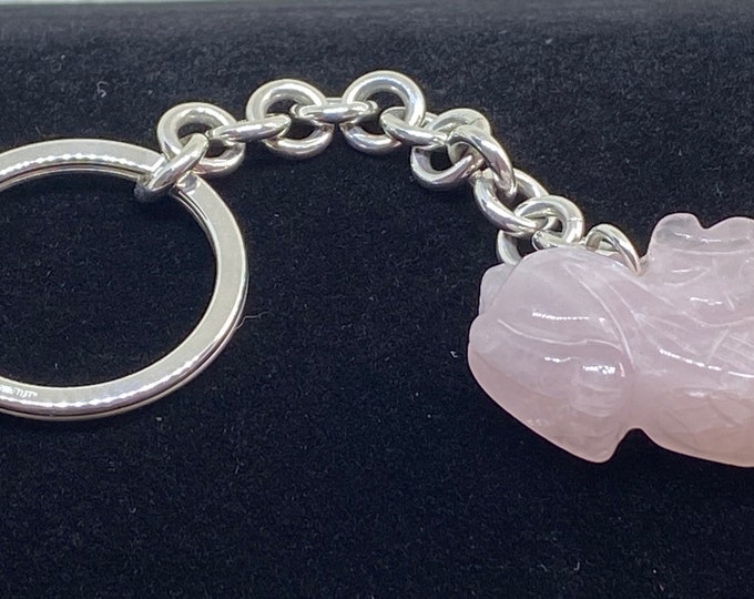 Carved Pink Jade and Sterling Silver Keychain