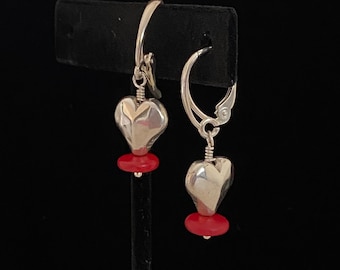Sweet Sterling Hearts & Red Coral Lever Back Earrings
