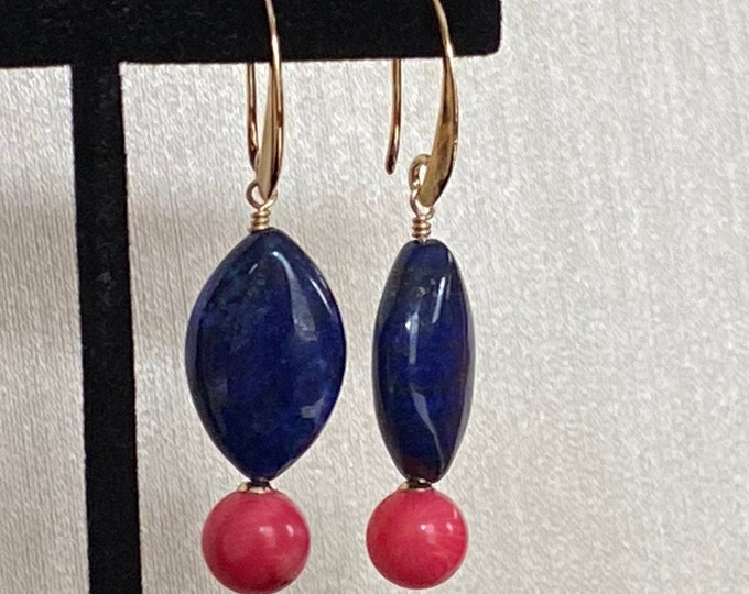 Elegant Fun Lapis & Pink Coral 14K Gold Over Sterling Drop Earrings